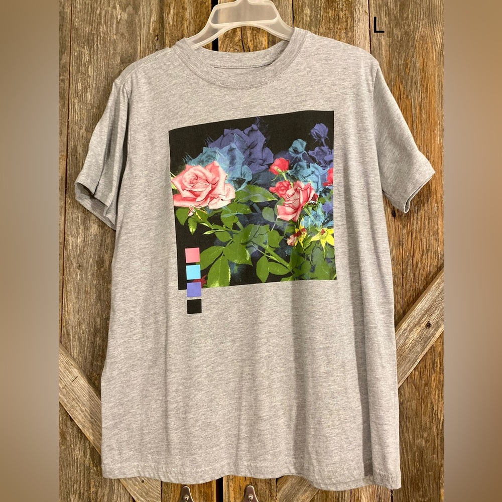 Pink, blue, yellow, green gray roses, T-shirt top